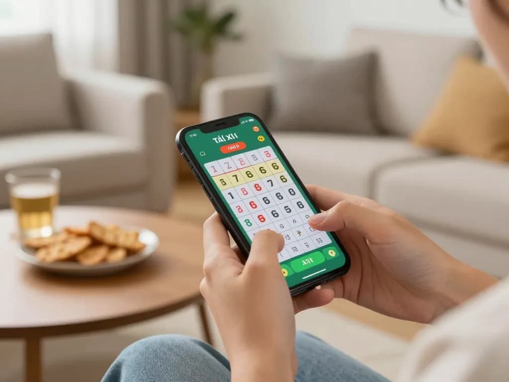 Engaging moment with app tài xỉu gameplay on mobile device amidst cozy home atmosphere