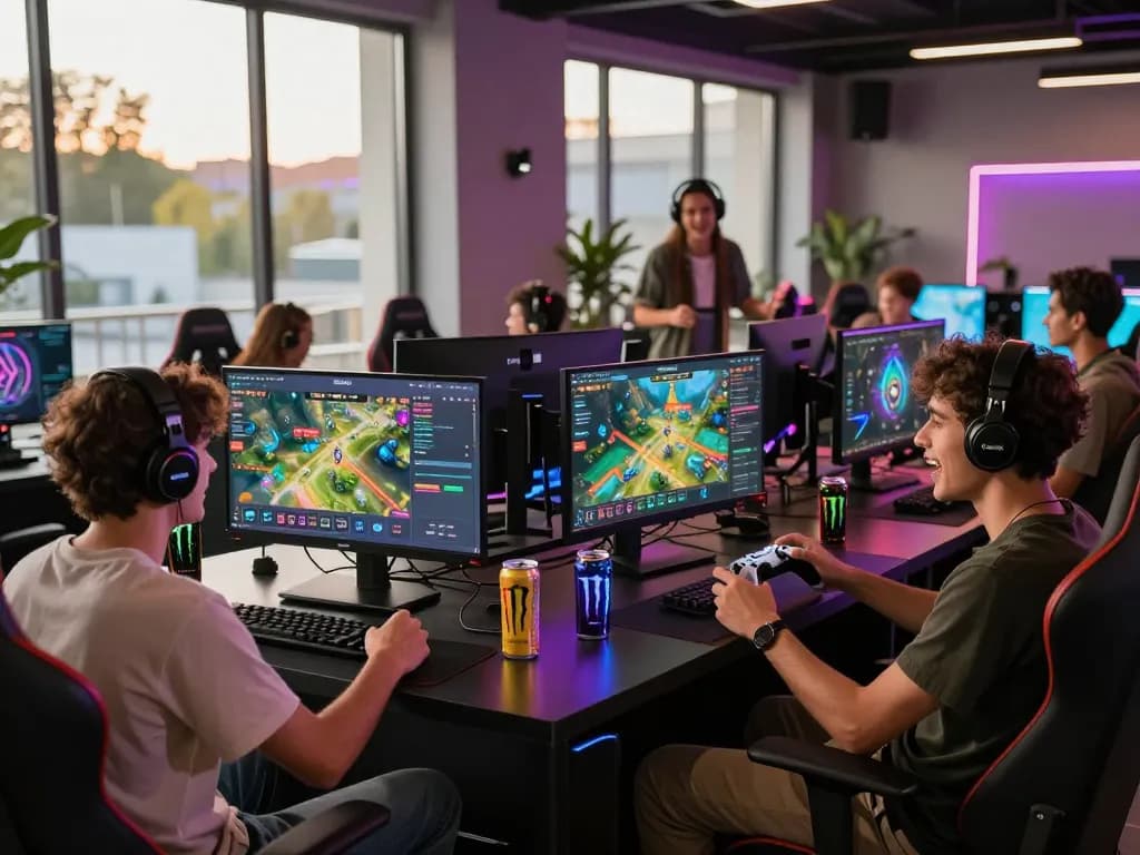 Friends enjoying a gaming session at a modern lounge, featuring Sunwin’s vibrant platform.
