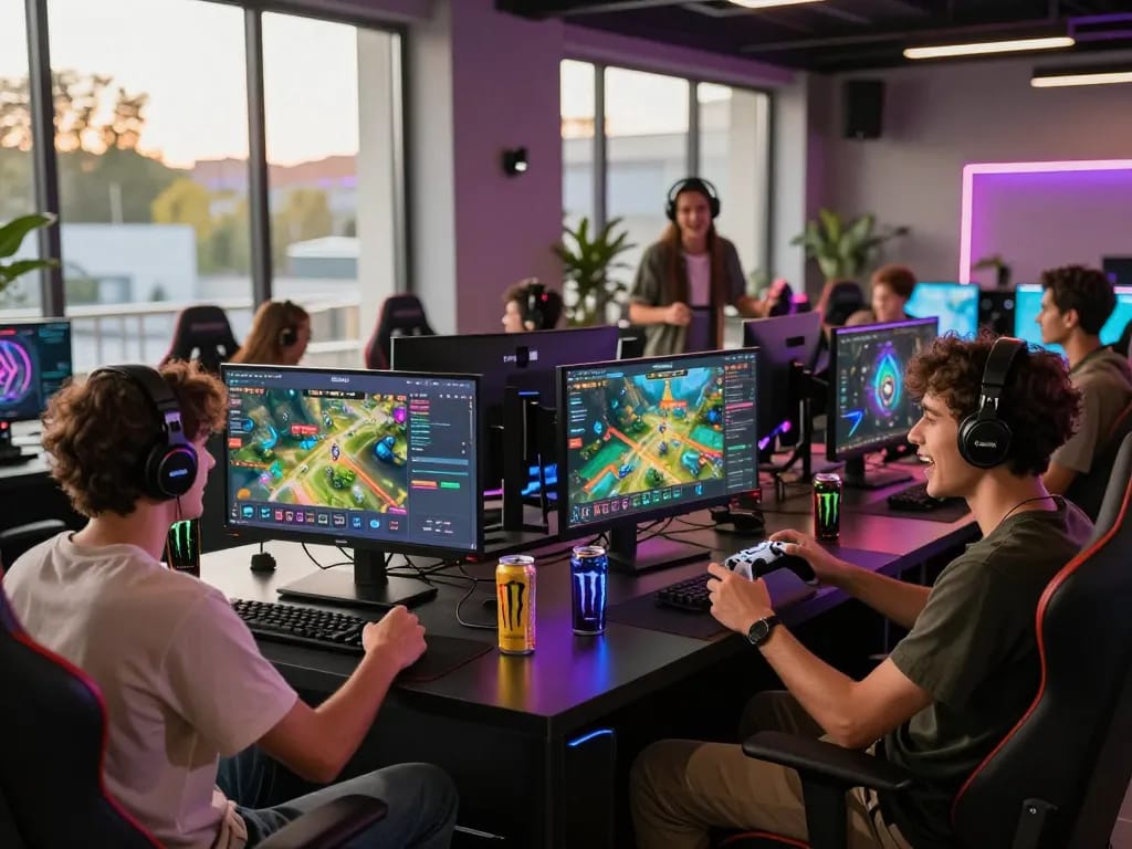 Friends enjoying a gaming session at a modern lounge, featuring Sunwin’s vibrant platform.