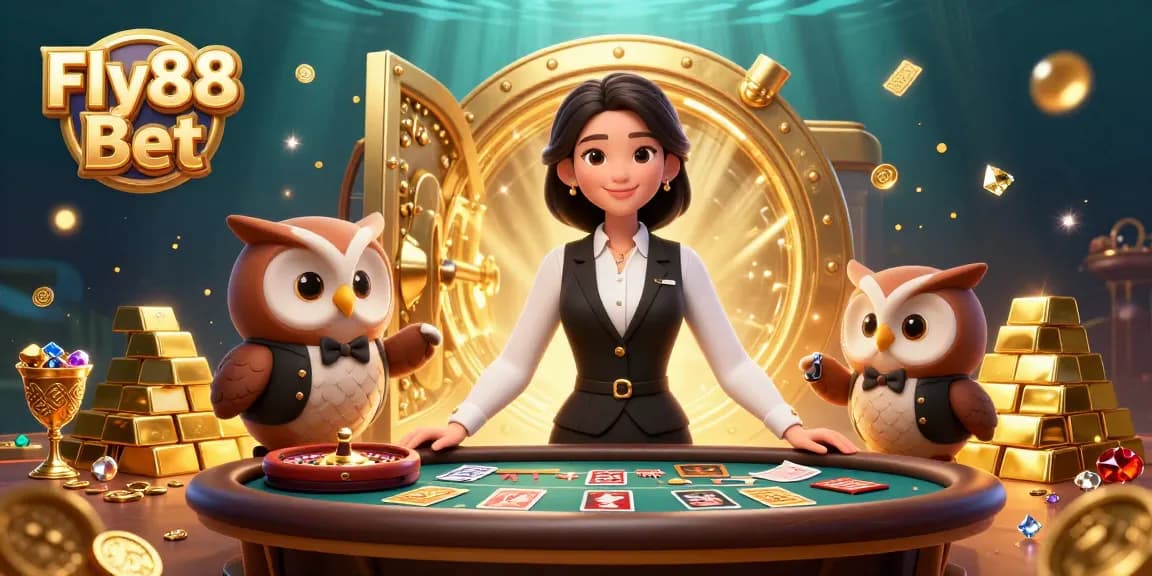 Bet big with Fly88 Bet at this vibrant online casino scene featuring Asian dealers and sparkling treasures.