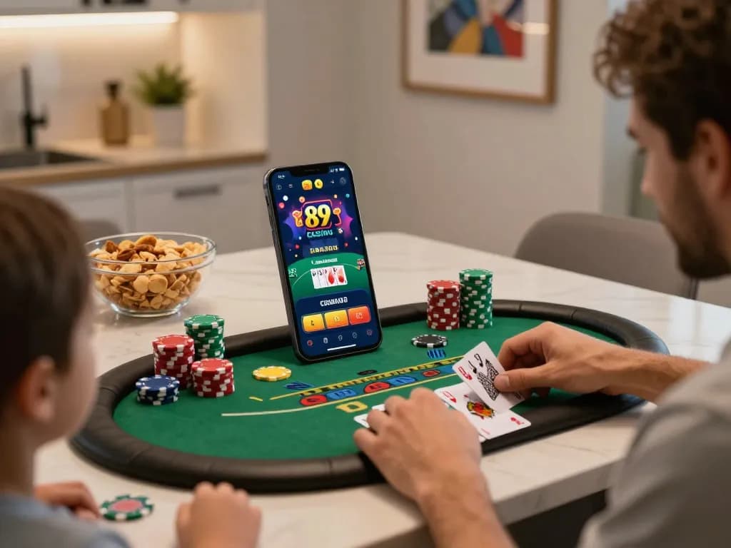Engaging in online casino gaming with 89 bet app on smartphone while enjoying a cozy home atmosphere