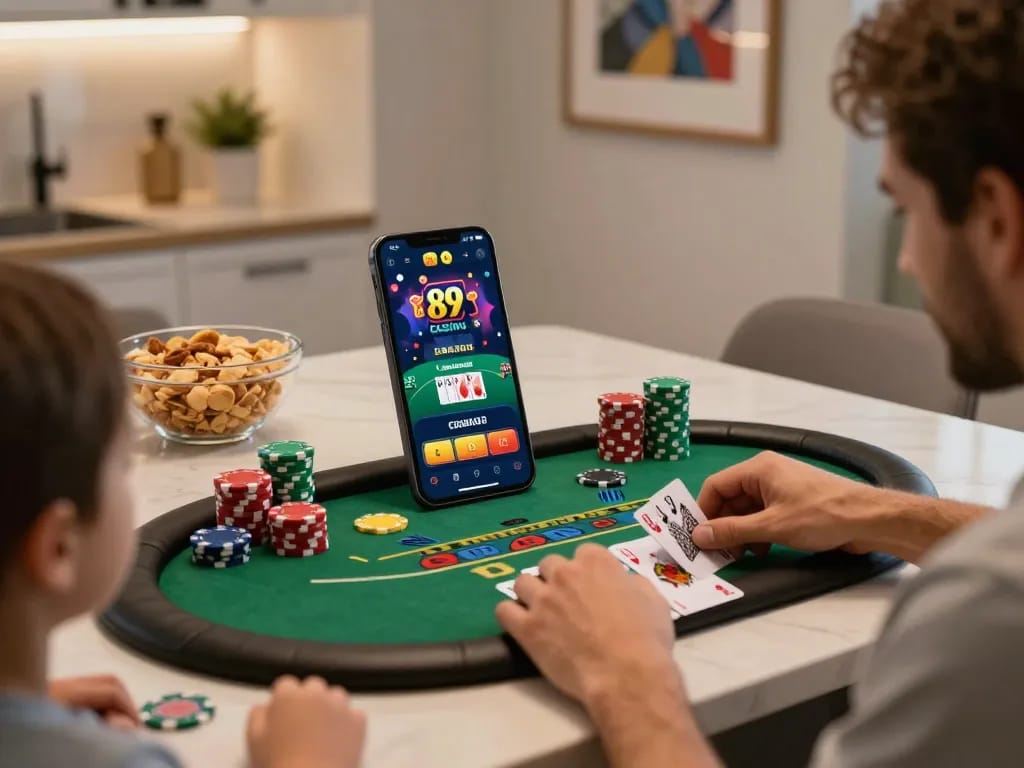 Engaging in online casino gaming with 89 bet app on smartphone while enjoying a cozy home atmosphere