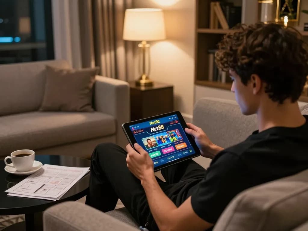 Player engaging with the Net88 casino app on a tablet, highlighting an immersive online gaming experience