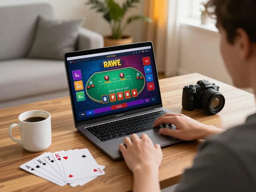 Player engages in blackjack with xo888 on a laptop, showcasing strategic online gambling.
