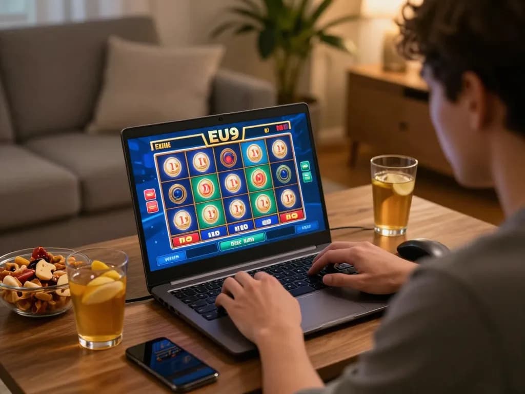 Engaged player enjoying EU9 slot games on a laptop in a cozy home setting.