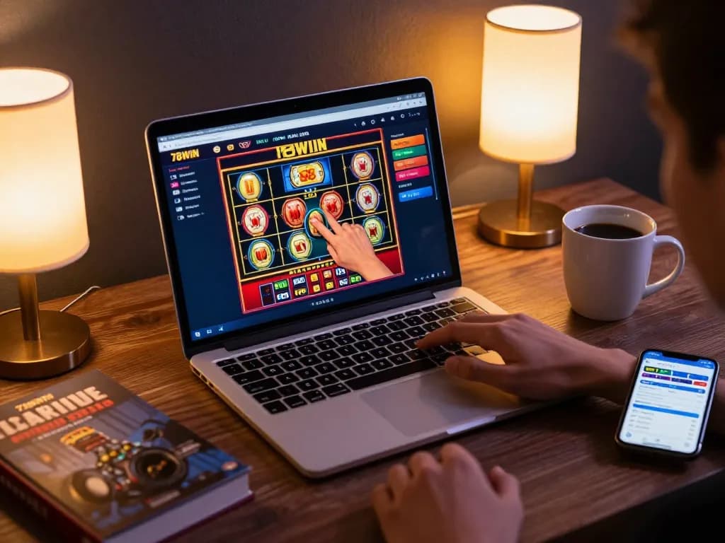 Experience the excitement of betting on 78WIN's dynamic slot games from a cozy home setup.