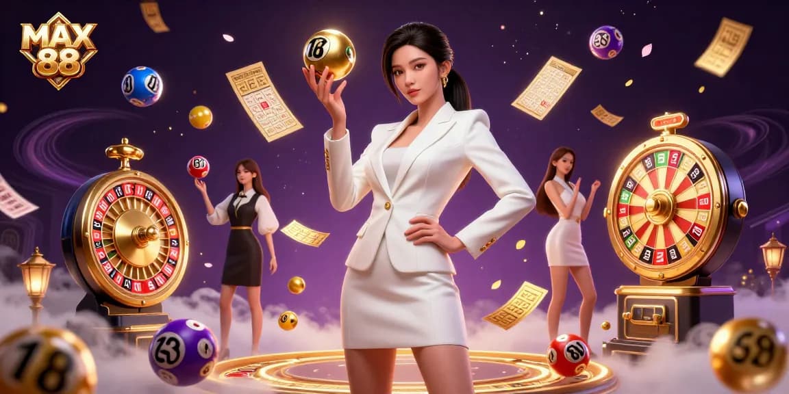 Win big with MAX 88 at our vibrant casino, featuring a stunning Asian woman holding a roulette ball amidst dynamic gaming elements.