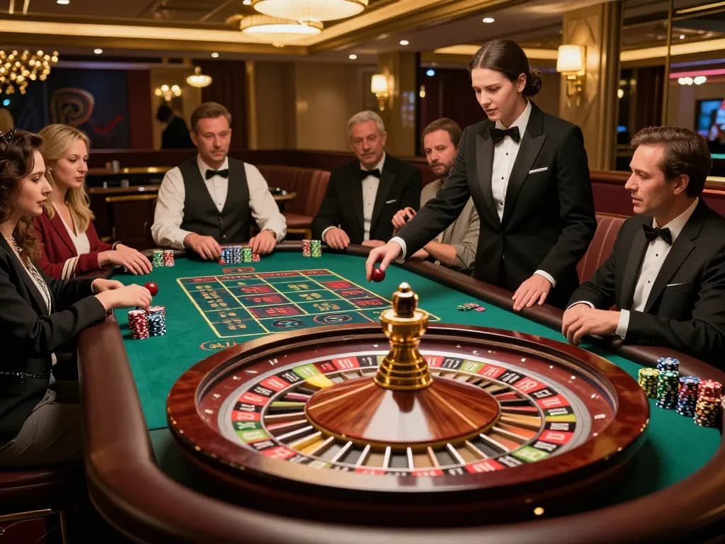 MM88 players engaging in a thrilling roulette game as the croupier spins the wheel in an upscale casino