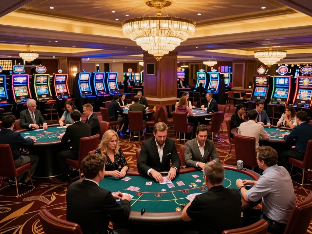 32win players strategizing around poker tables in a vibrant casino environment