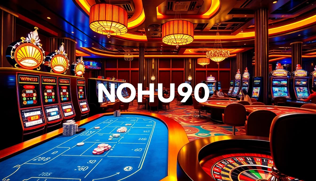 Nohu90 casino scene with vibrant slot machines and professional poker players.