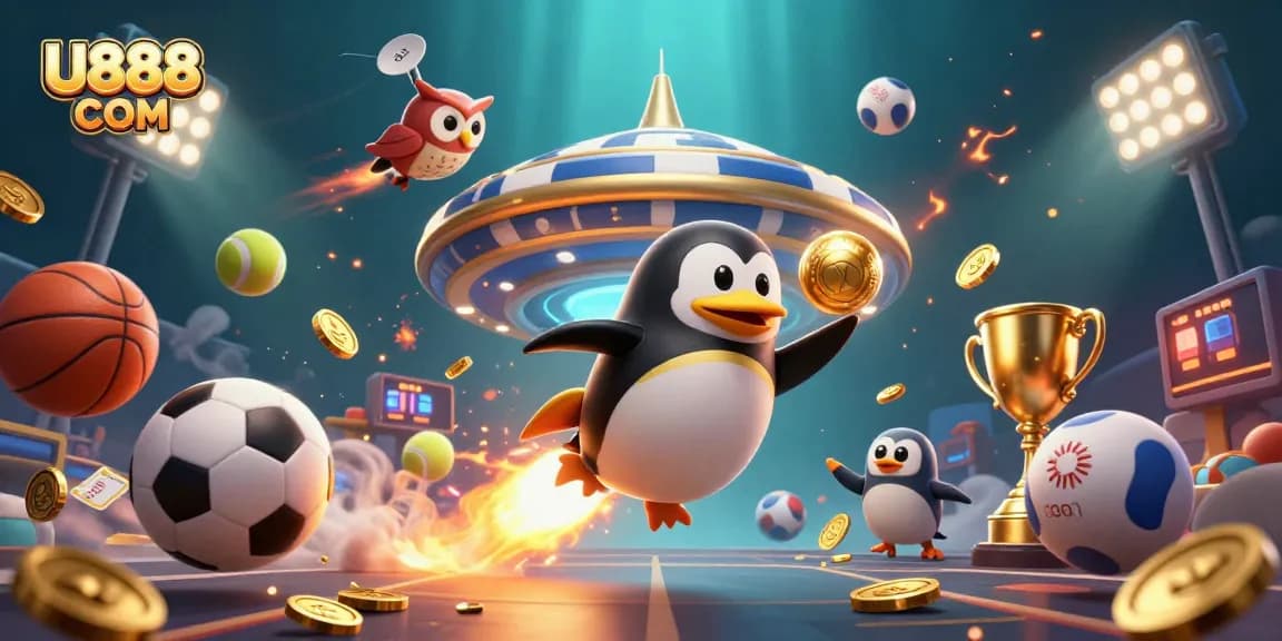 Experience the thrill of gaming at U888 COM with a dynamic 3D illustration showcasing excitement and winning strategies.