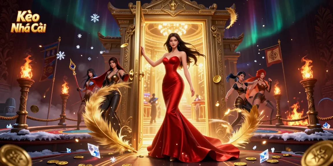 Kèo Nhà Cái showcases thrilling sports betting with a glamorous Asian woman in a luxury casino.