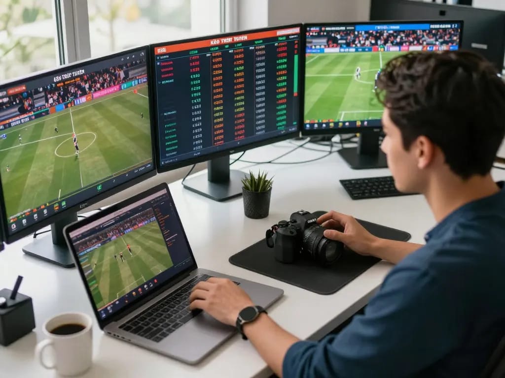 KÈO TRỰC TUYẾN sports betting scene with individual analyzing data and placing bets at desk
