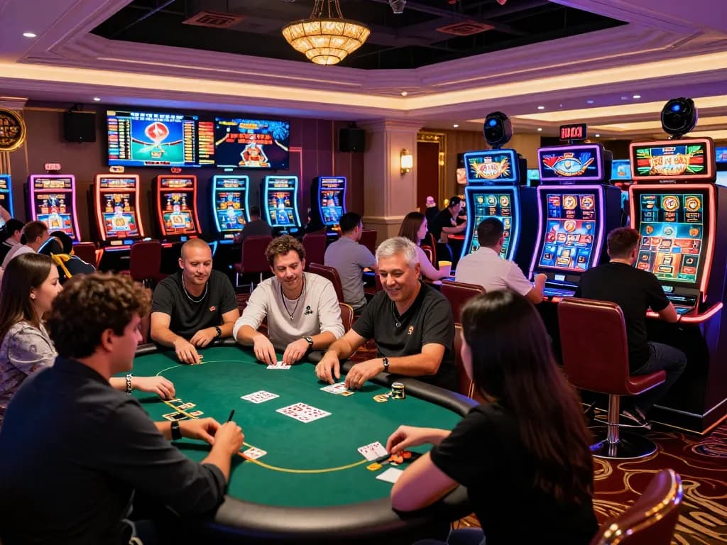 Exciting gameplay at gem88 online casino with diverse players enjoying poker and slots.