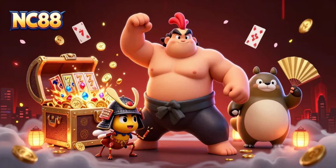 Experience thrilling moments at NC88's virtual casino with an action-packed illustration blending gaming excitement.