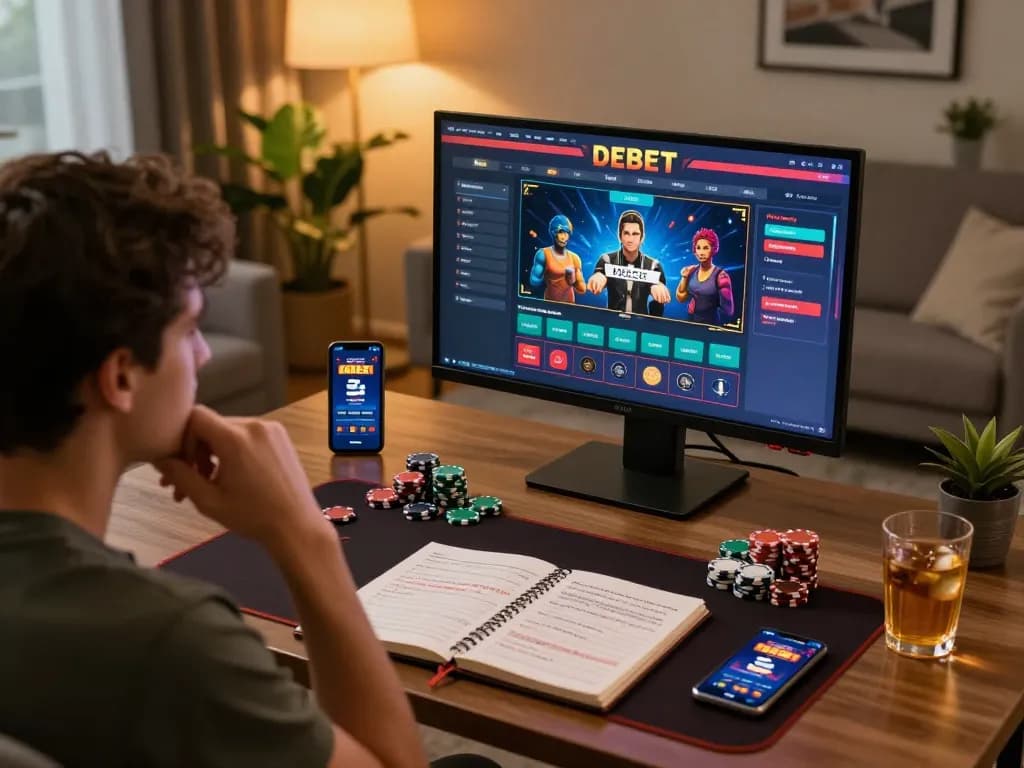 Engaging with debet casino gaming interface on a stylish home desk during an evening session.