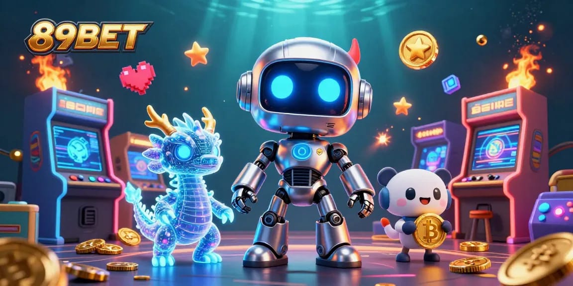 Engage with the 89BET vibrant 3D casino scene showcasing a cyberpunk mascot, holographic dragon, and bitcoin drone.