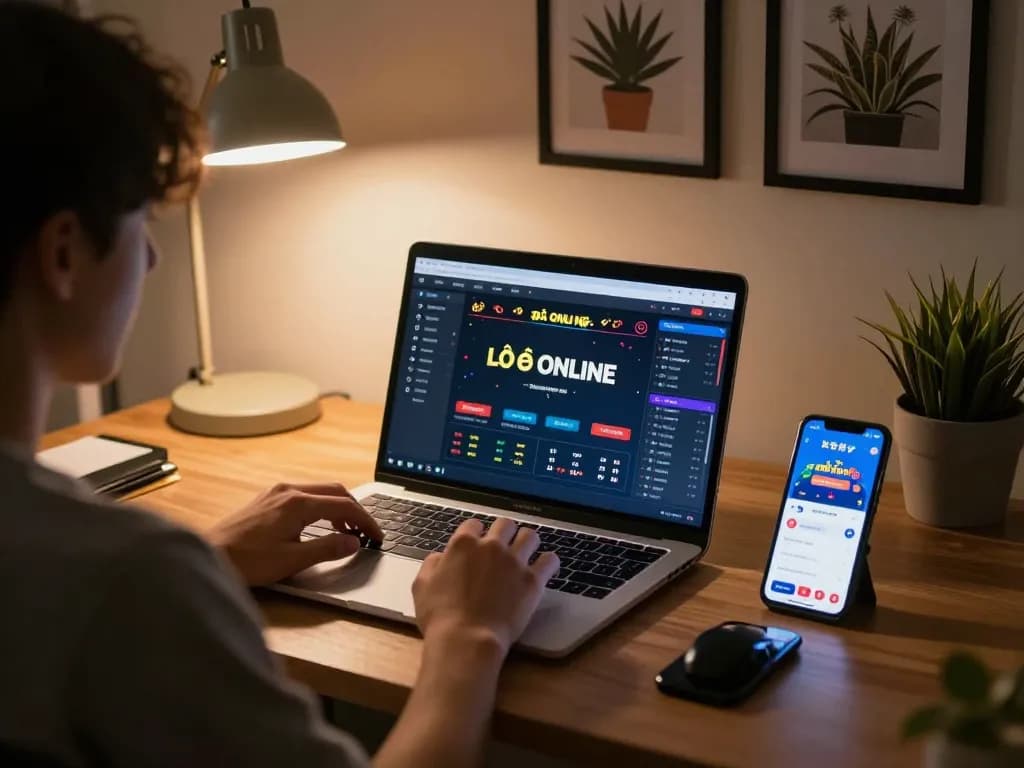 A player immersed in Lô Đề Online betting on a laptop, showcasing a comfortable gaming environment.