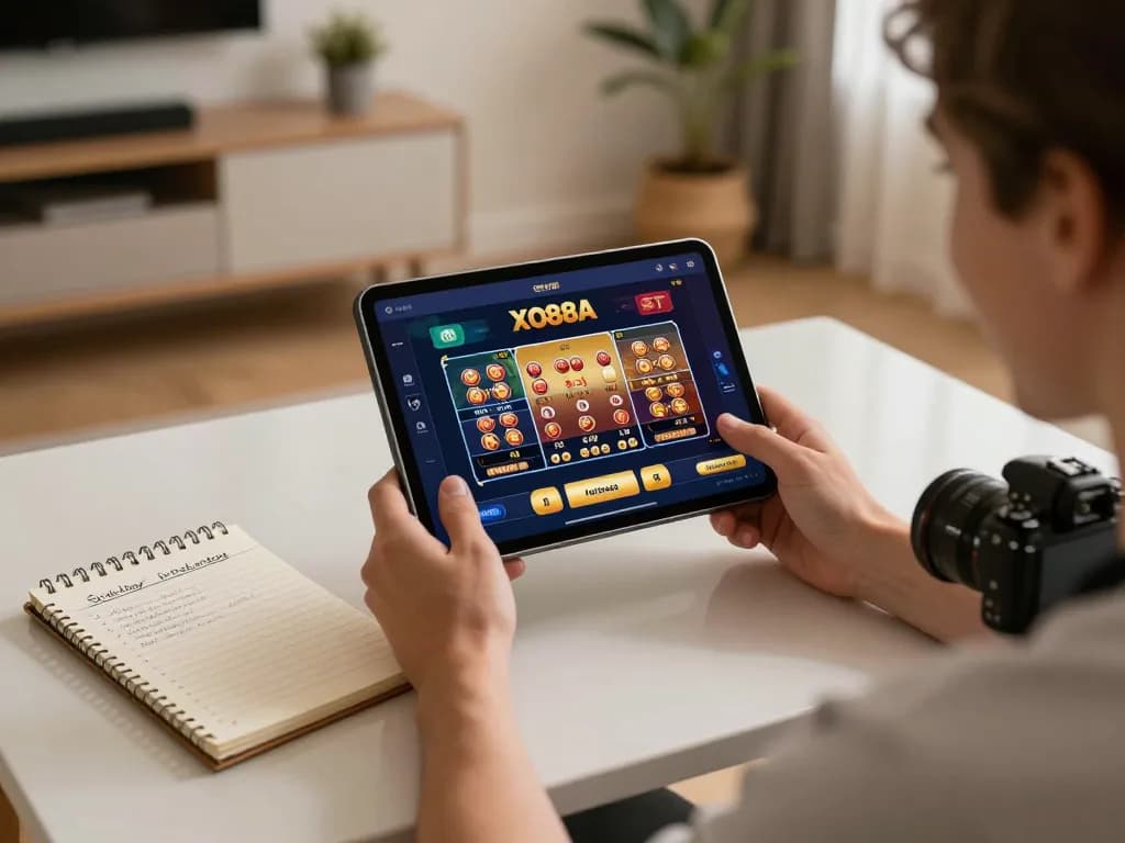 Player enjoying online casino games with XO88A app on tablet, highlighting engaging gambling experience