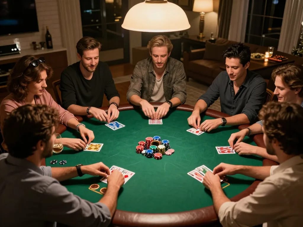 Enjoying a cozy poker night with friends, featuring strategic gameplay at Nhà cái UG88.