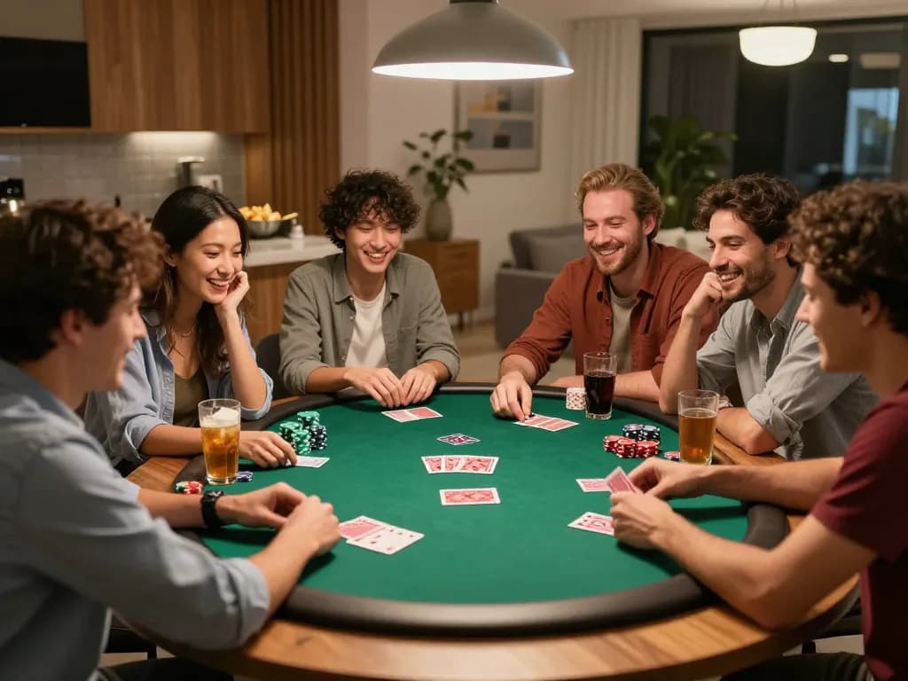 Bongdalu poker night with friends enjoying a competitive game, cards and chips in play.