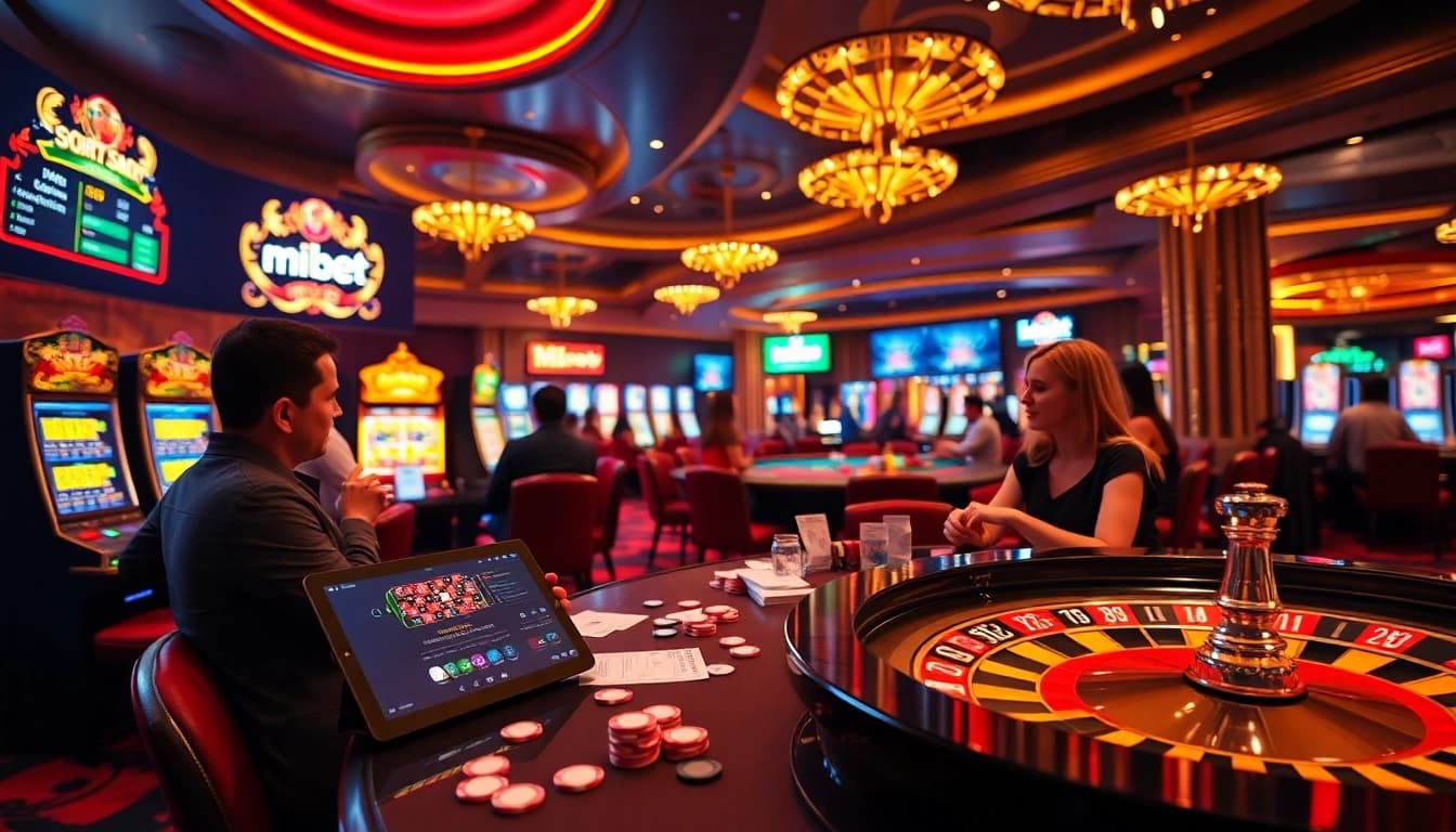 Engaging gamblers using the mi bet app in a vibrant casino setting full of excitement.