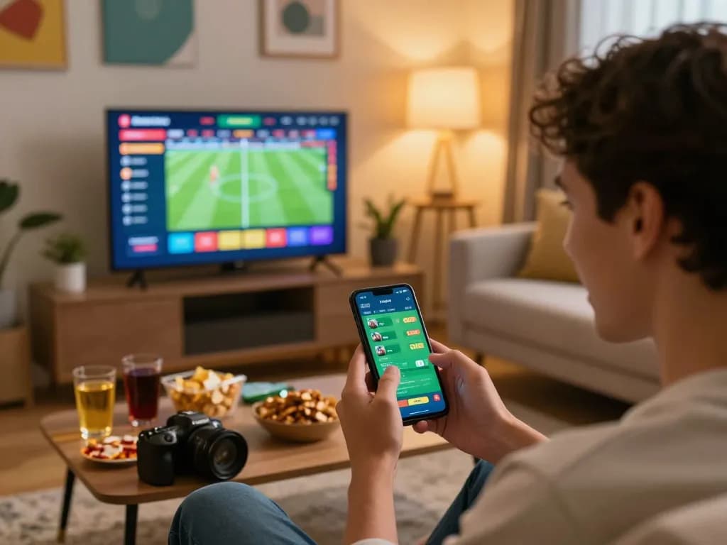 Engaging scene of a user placing bets on BL555's sports platform, showcasing excitement in a cozy home.