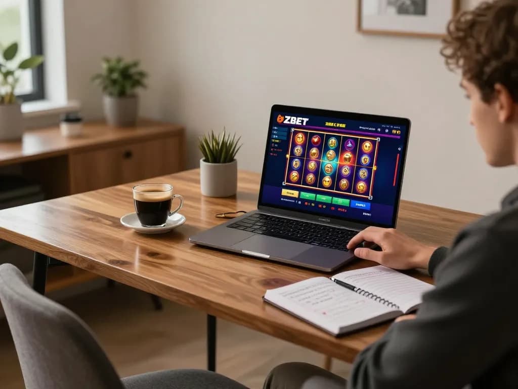 Engaging in ZBET online casino gaming at a cozy home setup with vibrant graphics.