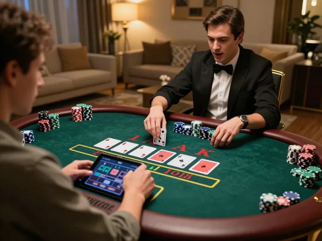 Player enjoying blackjack on KK55 tablet, engaging live dealer action, modern home setting