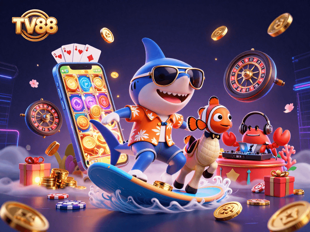 Surf the waves of gold coins at TV88 with a lively 3D casino scene featuring vibrant characters.