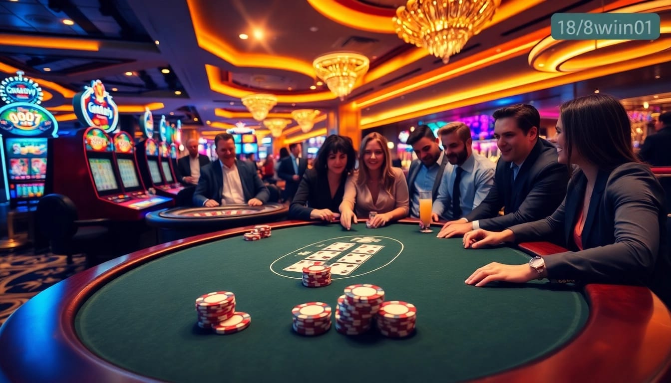 Players celebrate a win at a glamorous 78win01 casino poker table.