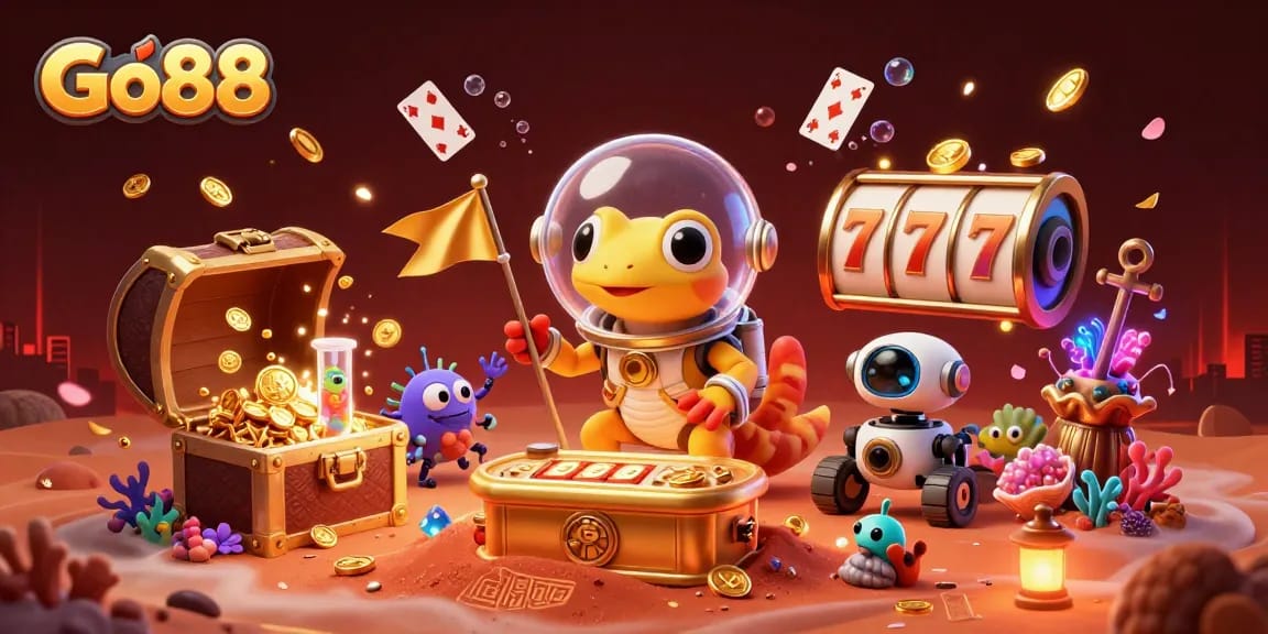 Experience thrilling moments at Go88 with a charming gecko discovering a golden casino.
