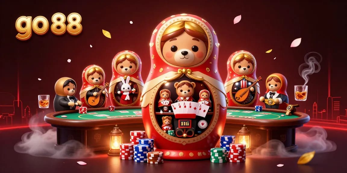 Engage with go 88 casino games featuring a festive scene of dealers and characters immersed in a vibrant atmosphere.