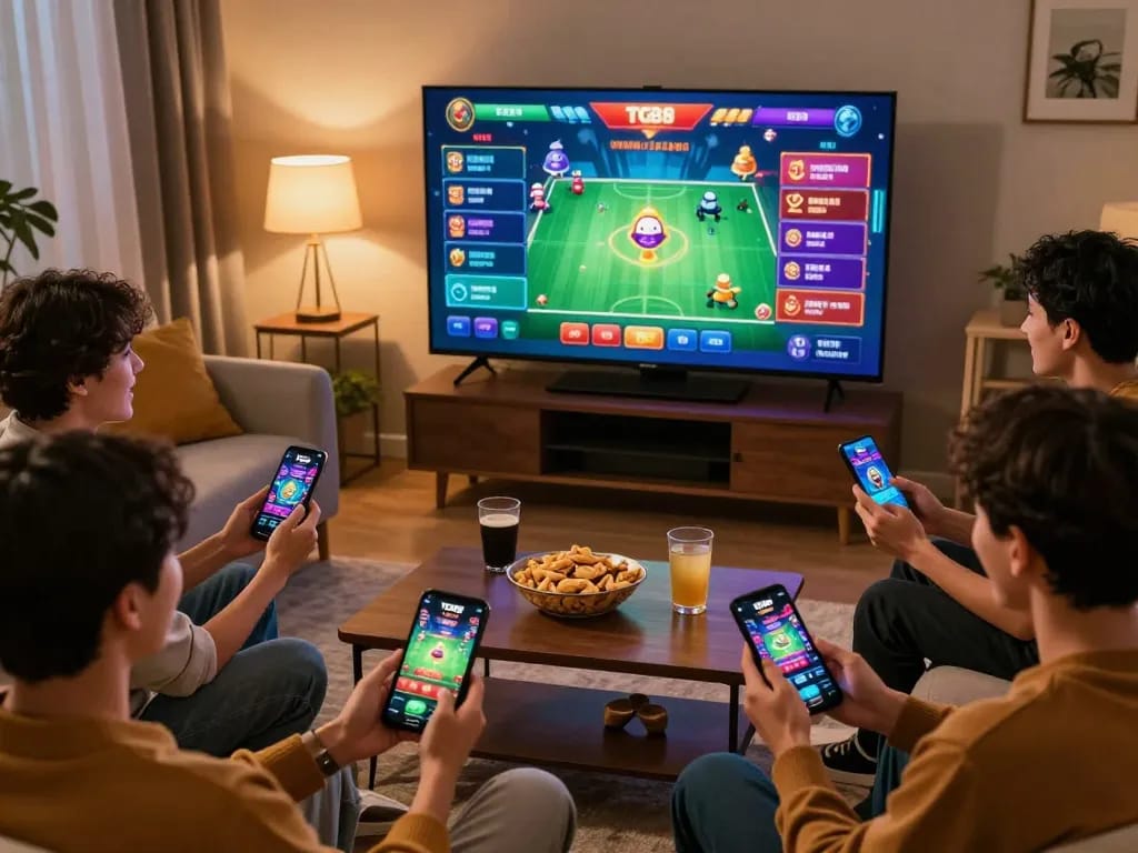 Friends enjoying online gaming on the TG88 platform in a cozy living room setting, showcasing excitement and interaction.
