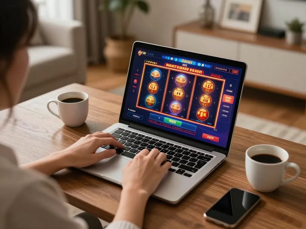 Gaming on ee88 platform, player engaged with vibrant online casino slots and live dealer games in cozy home setup.