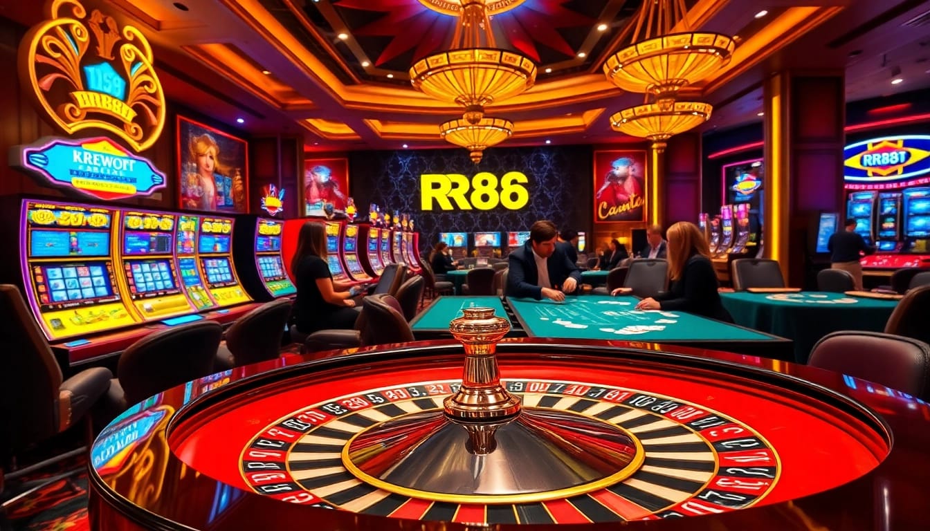 Experience the excitement of RR88 with a vibrant casino scene featuring roulette, poker, and colorful chips.