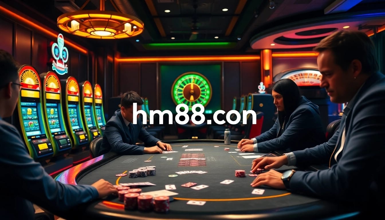 Enjoying the thrill of poker and slot machines at a luxurious casino environment capturing hm88.con's excitement and professionalism.