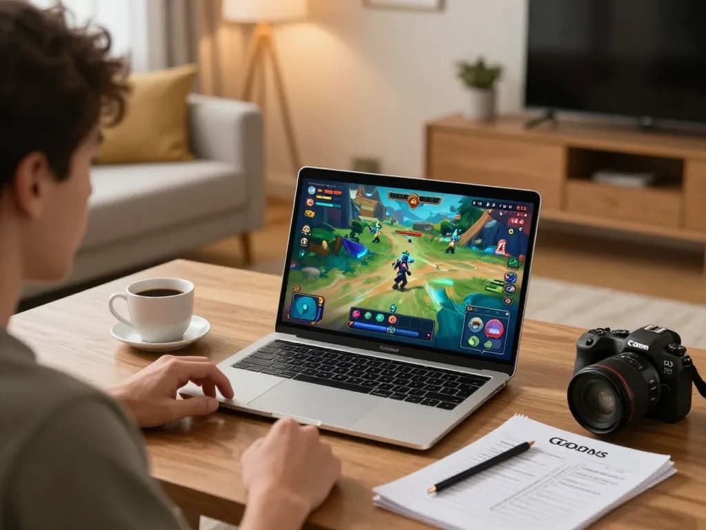 Player enjoying the game go88 on a laptop in a cozy home setting with strategy notes nearby.