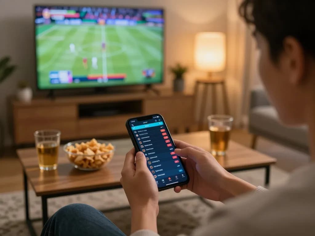 Betting on live sports through vsbet app while enjoying snacks in a cozy home setting.