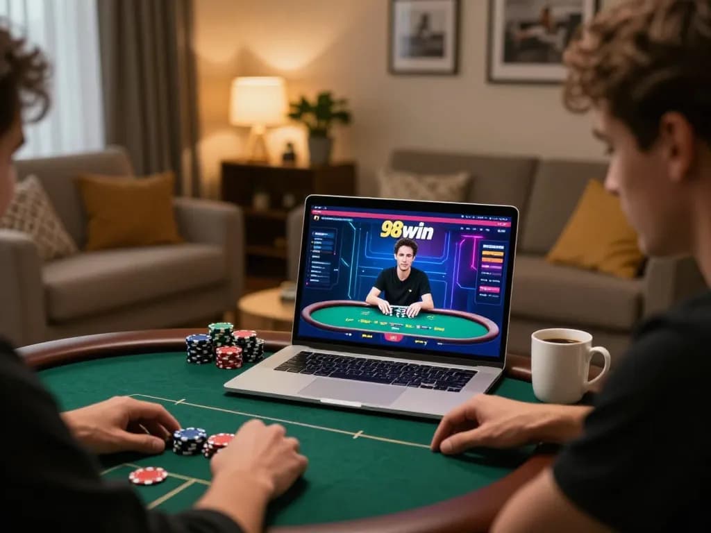 Player enjoying poker on 98win's online platform in a cozy living room setup