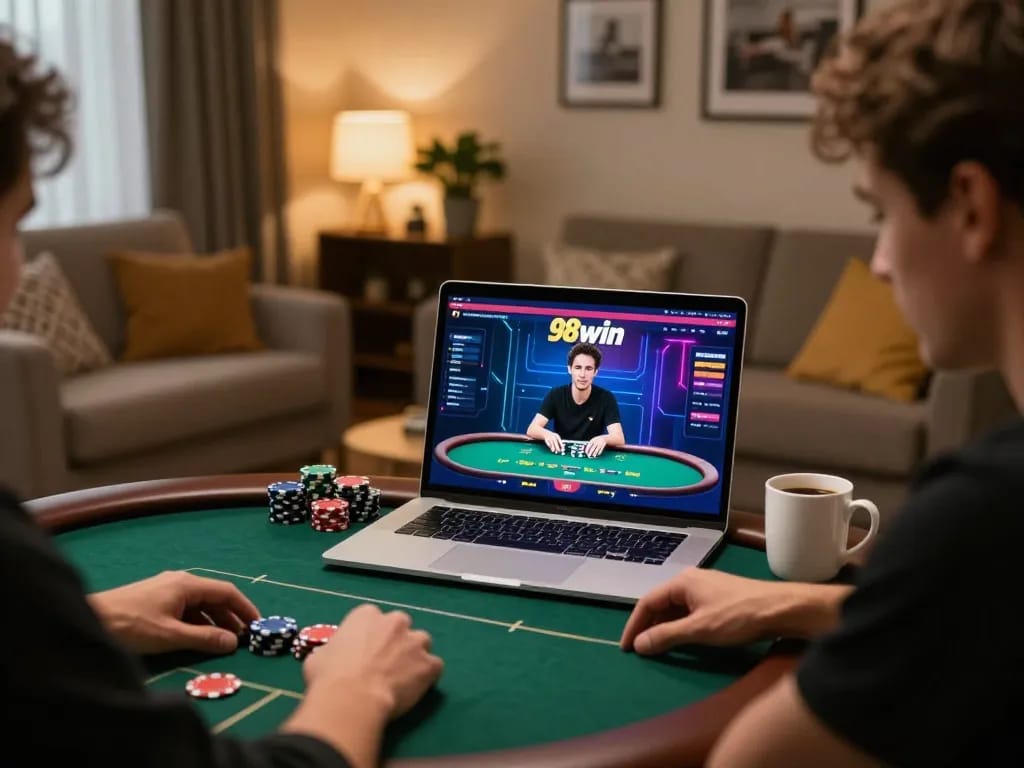 Player enjoying poker on 98win's online platform in a cozy living room setup