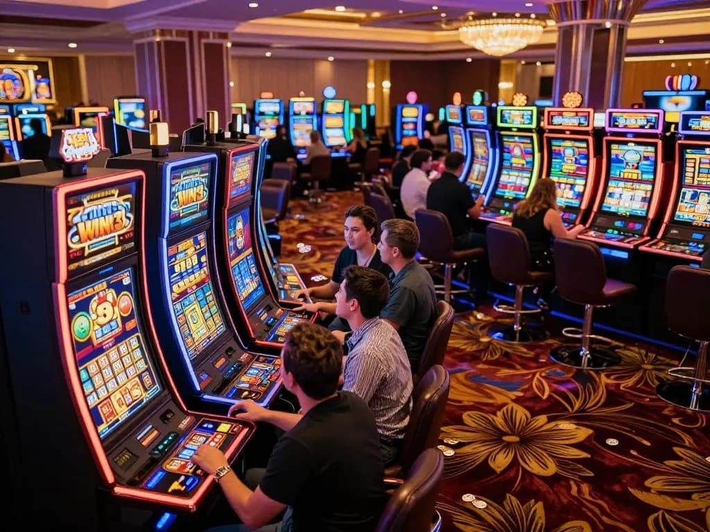 Players engaging with slot machines in a lively casino atmosphere featuring WIN33 excitement.
