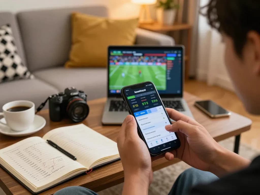 Engaging user tracking keonhacai odds on smartphone in a cozy betting setup.