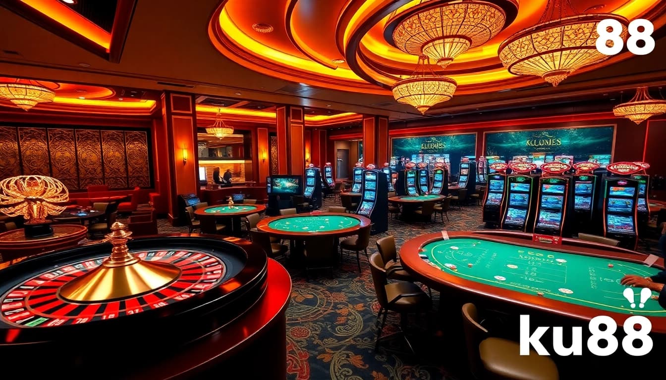 Players enjoying the excitement of betting at ku88 casino tables with vibrant slot machines.