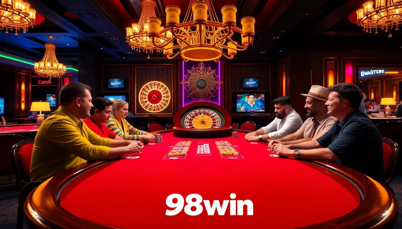 Experience high-stakes excitement at a poker table featuring the 98win link with vibrant colors and luxurious ambiance.