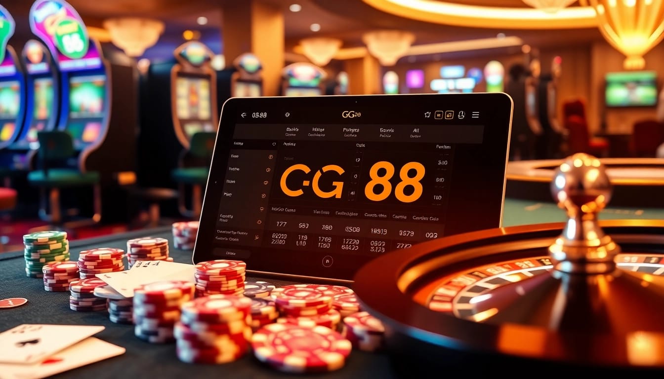 Engage in thrilling betting action with GG 88 on a modern casino platform featuring tablets, cards, and chips.