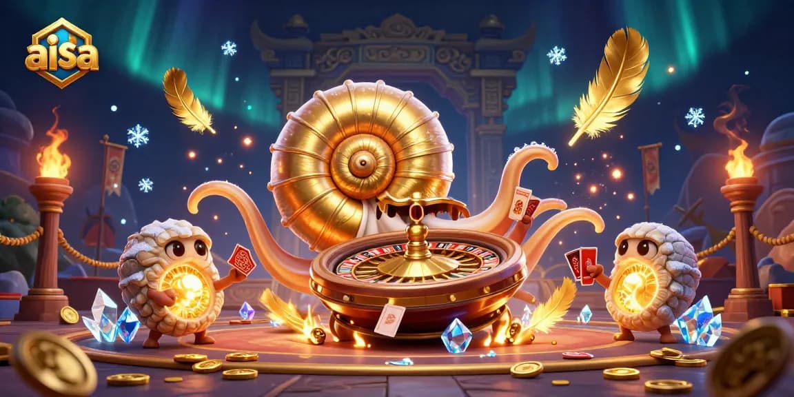 Aisa's ancient giant nautilus spins a roulette wheel while holding playing cards in a vibrant casino scene.