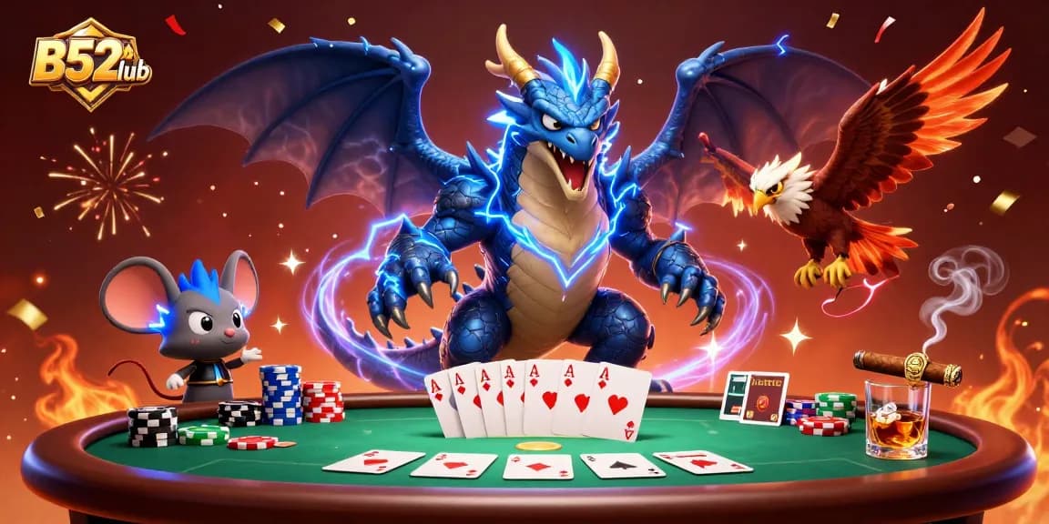 B52club players experience dynamic poker action with thrilling characters and vibrant game elements.