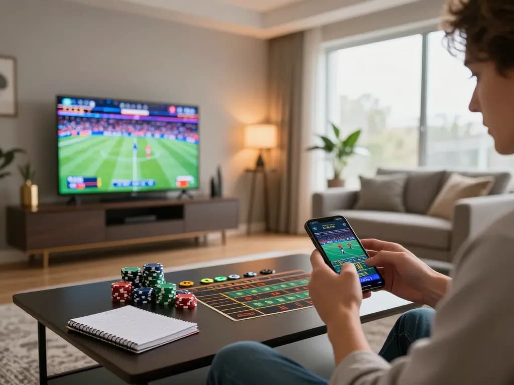 Enjoying mobile betting on F8BET in a stylish home setting with casino chips and a notebook