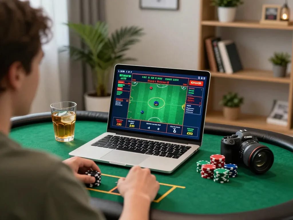 Engaging in live sports betting on 789win from a stylish home setup with drinks and poker chips